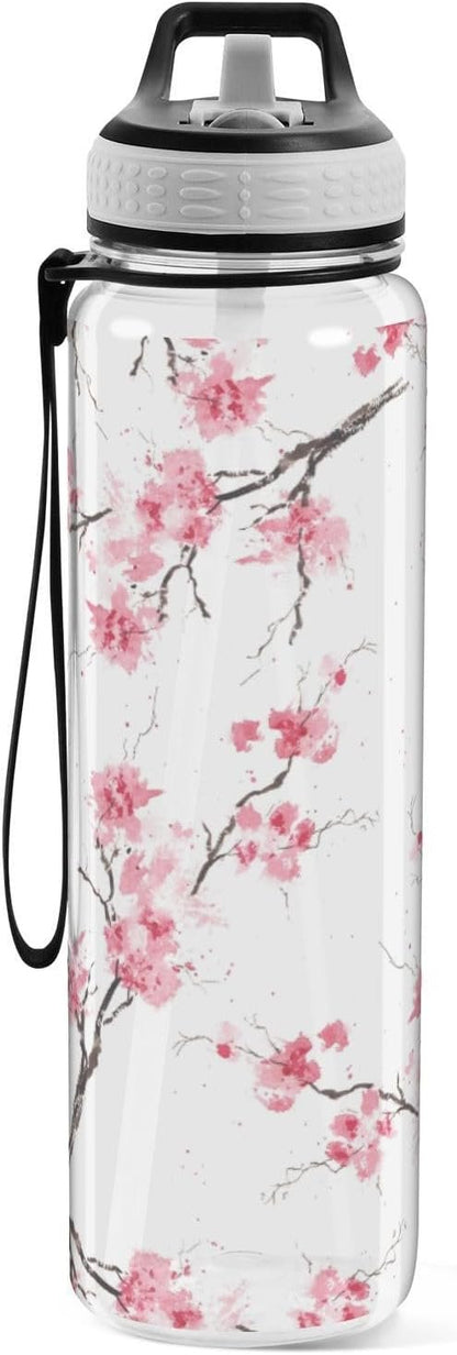 Blueangle 32oz Sakura Branches Sports Water Bottle with Straw, BPA Free Tritan Reusable Plastic Bottles for Gym and Outdoor（481）