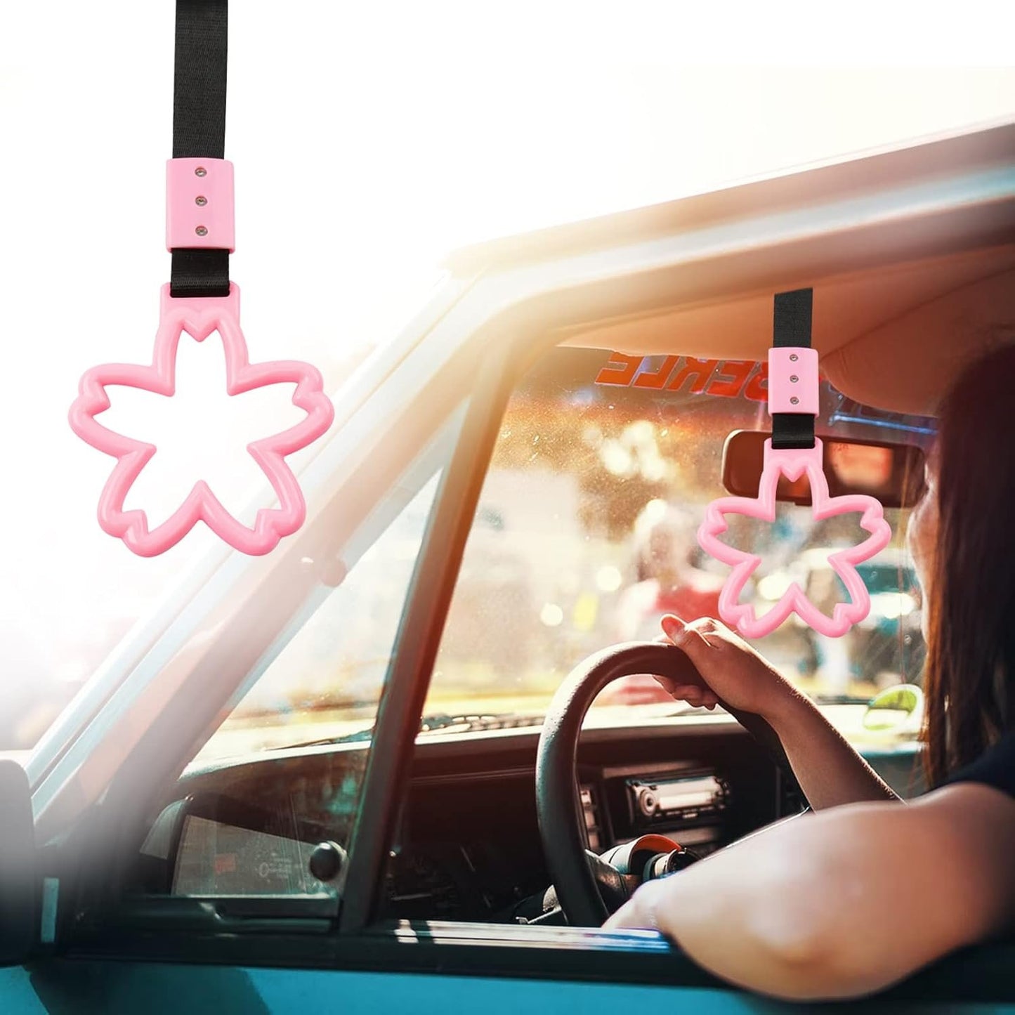 Bnapott 2 Pieces Car Handle Ring, Sakura Shaped Handle Hand Strap for Subway Train Bus, Car Exterior Accessories and Rear Bumper Warning Ring(Pink)