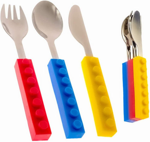 Toddler Utensils and Brick Toys - Set of 3 Interlocking Block Kids Silverware - Toddler Fork and Spoon Set with Toddler Knife-Non-BPA Kids Cutlery and Kid Safe Stainless Steel Silverware（3 Years Up）