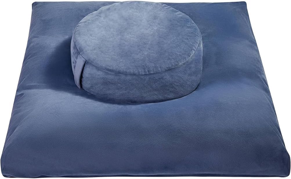HPAMR zafu and zabuton Meditation Cushion Mat Set Large Zabuton Floor Pillow & Round Zafu Bolster with Washable Natural Cotton Covers, Premium Yoga Buckwheat Fill Bolster Yoga Mat for Perfect Sitting