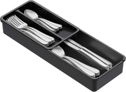 Lifewit Compact Silverware Organizer for Kitchen Drawer, Narrow Flatware Tray Holder, Plastic Cutlery Spoons, Forks and Knives Storage, Black, 1 Pack