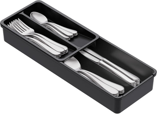 Lifewit Compact Silverware Organizer for Kitchen Drawer, Narrow Flatware Tray Holder, Plastic Cutlery Spoons, Forks and Knives Storage, Black, 1 Pack