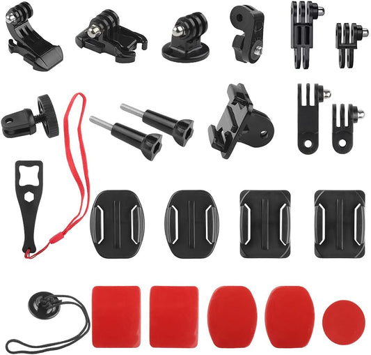 Kit di accessori per action camera universale, kit di montaggio 20 in 1, kit di accessori per montaggio sul mento del casco, supporto con fibbia a gancio a J, supporto adesivo, set di accessori per