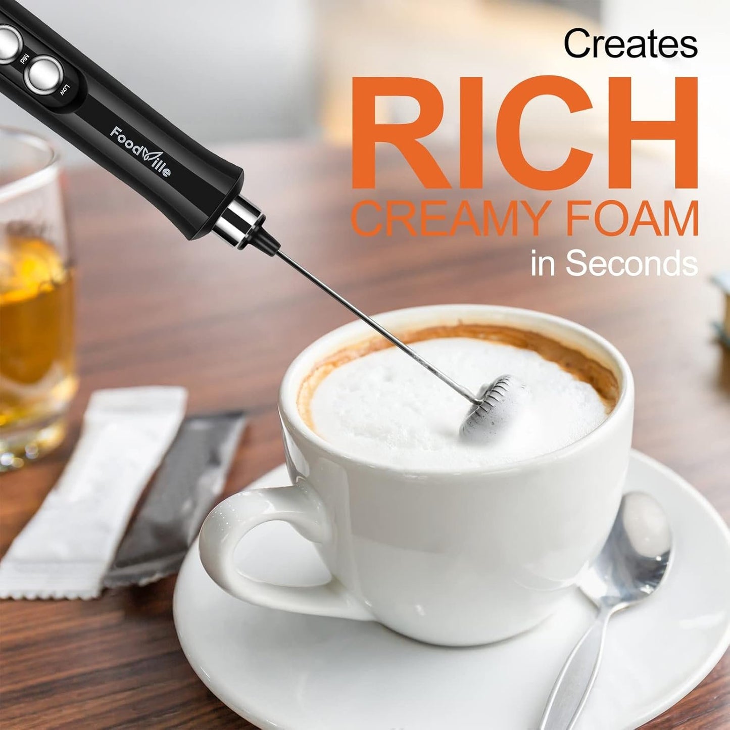 FoodVille MF02 Rechargeable Milk Frother Handheld Foam Maker with Stainless Whisk for Cappuccino, Latte, Bulletproof Coffee, Keto Diet, Protein Powder, Matcha (Black)