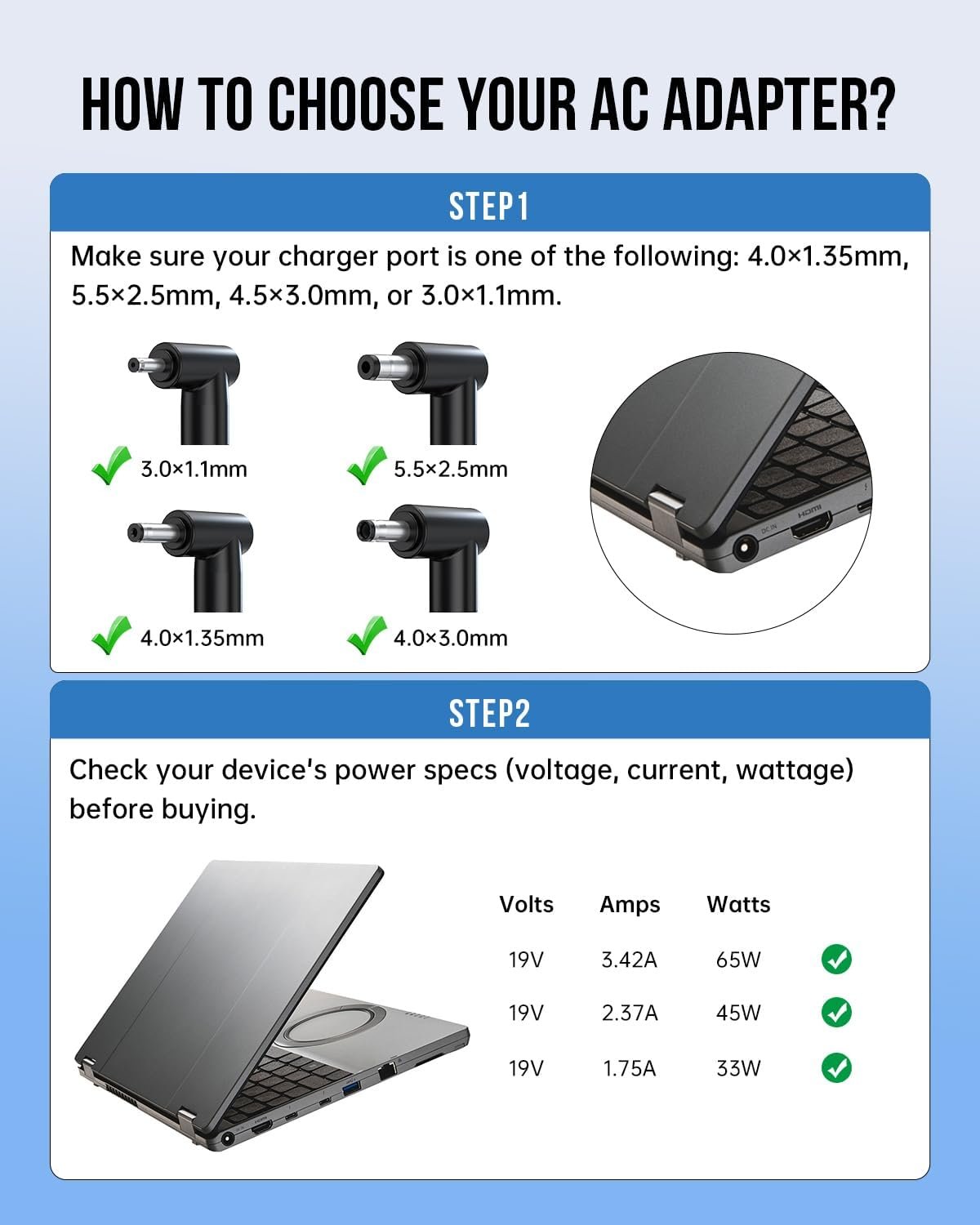 Laptop Charger for Asus, (UL Safety Certified), Vivobook Zenbook Chormebook and More Series, Power Lamp, Extended Cable, Round Connector, 65W, 45W, 33W