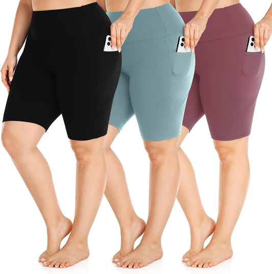 FULLSOFT 3 Pack Plus Size 8" Biker Shorts with Pockets for Women-High Waist Non-See Through Workout Black Yoga Short