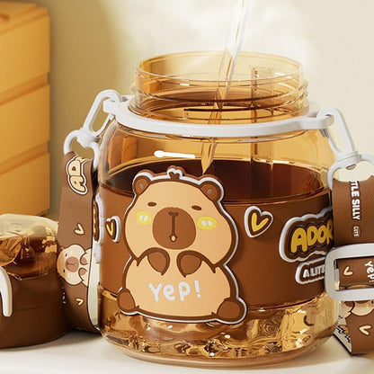 Capybara Water Cup with Straw Cute Water Bottle Kawaii Drink Jug for Kids and Girls in School Office on Travel