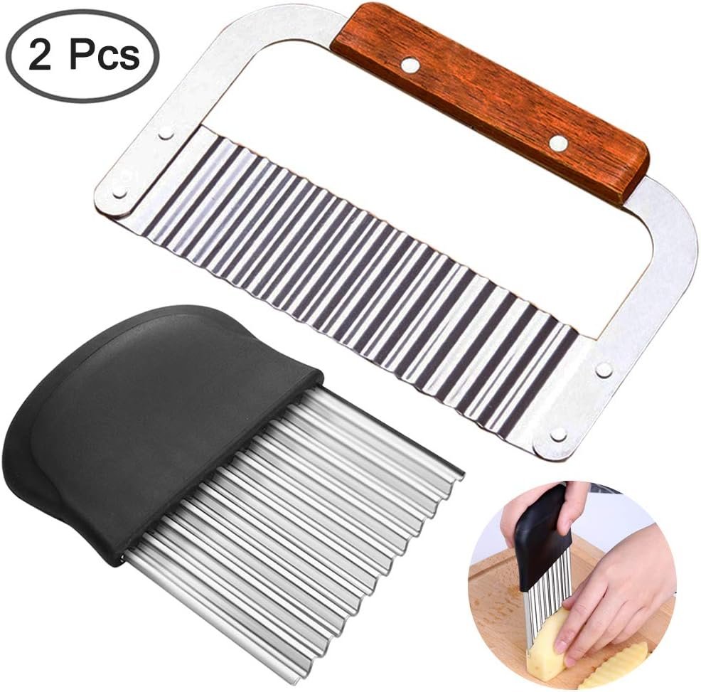 2 pcs Crinkle Choppers, FineGood 7.2" 5.5" French Fries Chips Chopping Knives, Stainless Steel Blade Slicers, Fruit Vegetable Salad Cutter Cutting Tool
