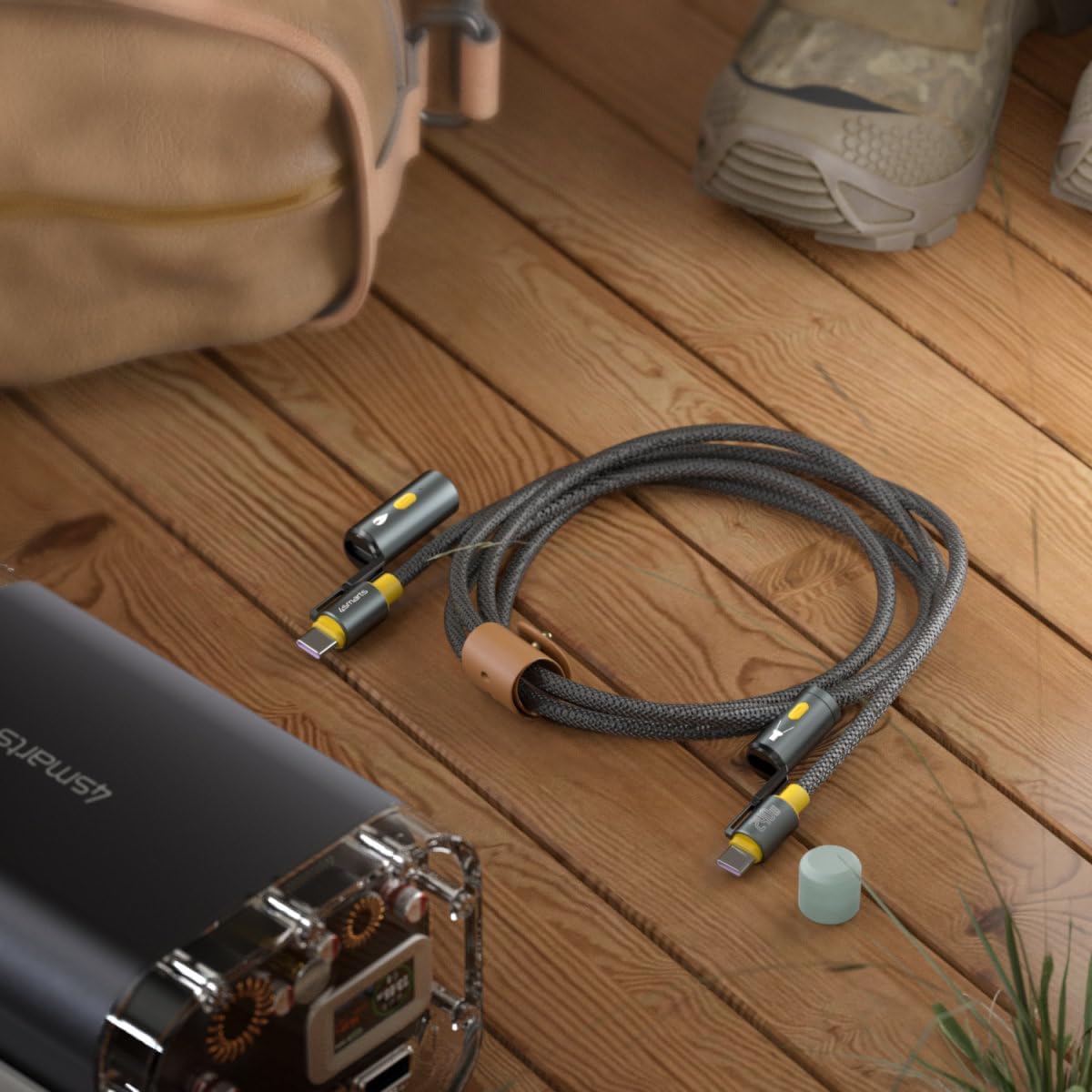 4smarts 3-in-1 Outdoor Explorer USB-C Cable with Emergency Light & Fire Starter | 240W Adventure Charging Cable with Survival Tools | 5ft/1.5m Rugged Design for Camping, Hiking & Travel | Black