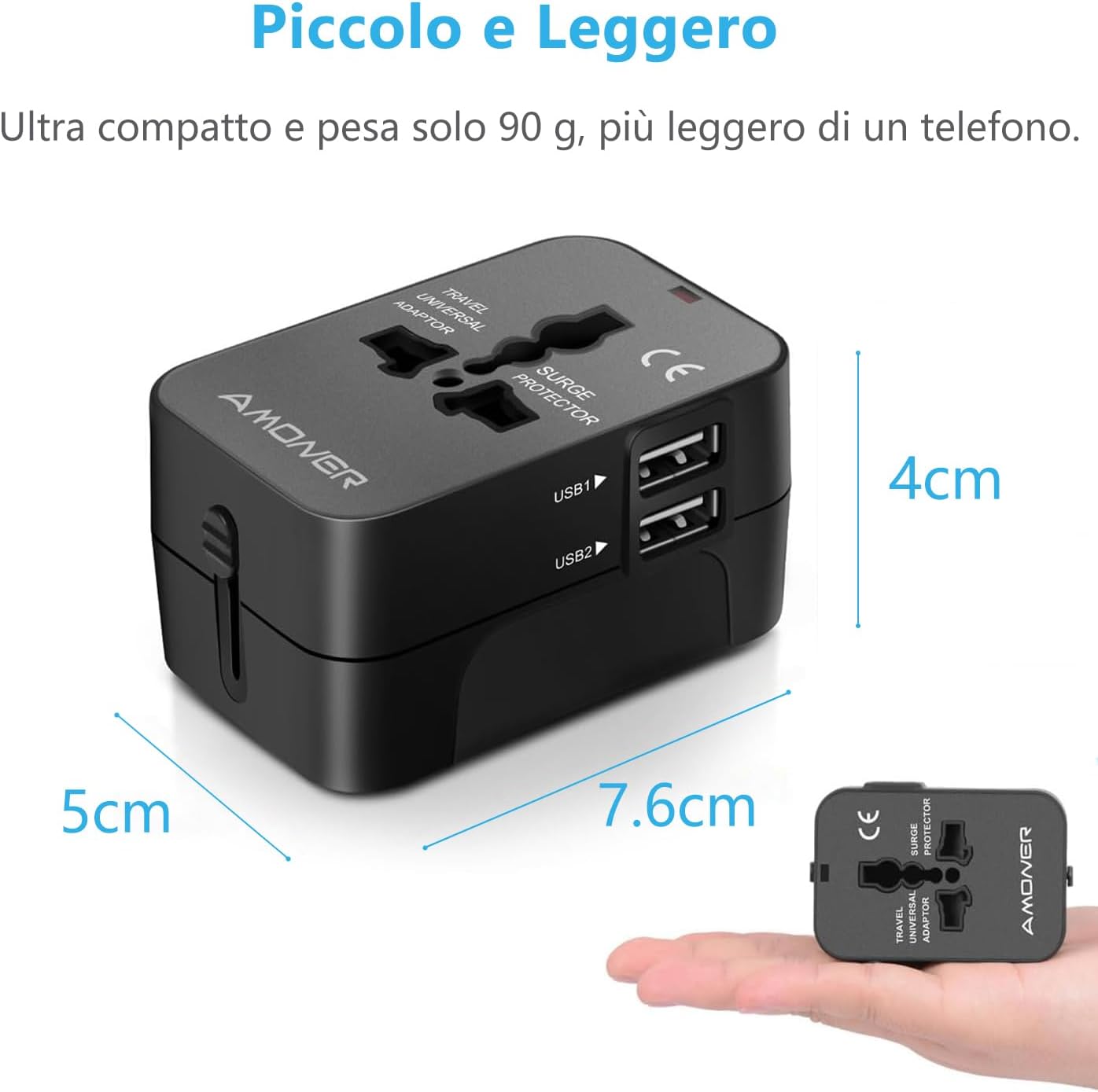 Travel Adapter, Amoner Universal Travel Adapter with 2 Ports USB Charger Suitable for More Than 180 Countries (Black)