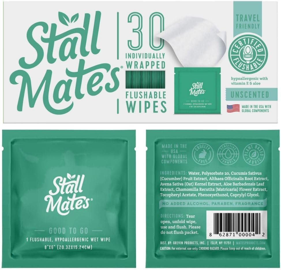 Stall Mates Wipes: Flushable, individually wrapped wipes for travel Unscented with Vitamin-E & Aloe (30 on-the-go singles)