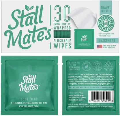 Stall Mates Wipes: Flushable, individually wrapped wipes for travel Unscented with Vitamin-E & Aloe (30 on-the-go singles)