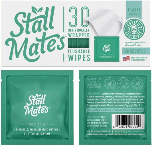 Stall Mates Wipes: Flushable, individually wrapped wipes for travel Unscented with Vitamin-E & Aloe (30 on-the-go singles)