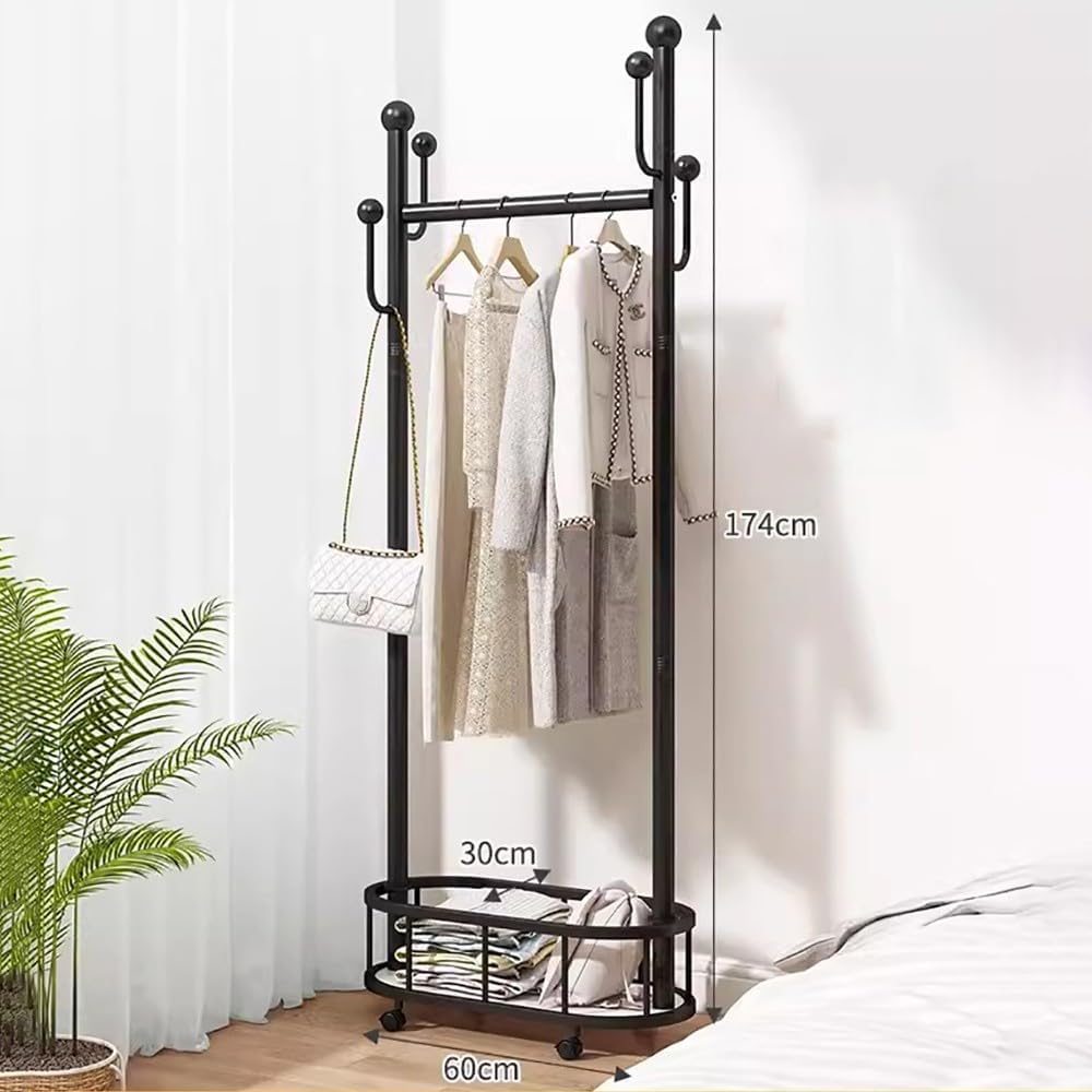 Generico Appendiabiti Mobile Industriale con Ganci e Cestino portaoggetti - Appendiabiti Moderno per Camera da Letto e Ingresso - Elegante Appendiabiti su Ruote (60/80/100 cm x 30 cm x 174 cm)