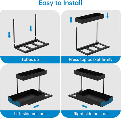 2-Tier Under Sink Organizers, 2 Pack Sliding L-shape Cabinet Organizers Narrow Space Storage Shelves Multi-purpose Sink Organizer Baskets with 4 Hook for Kitchen Bathroom Drawer, Black
