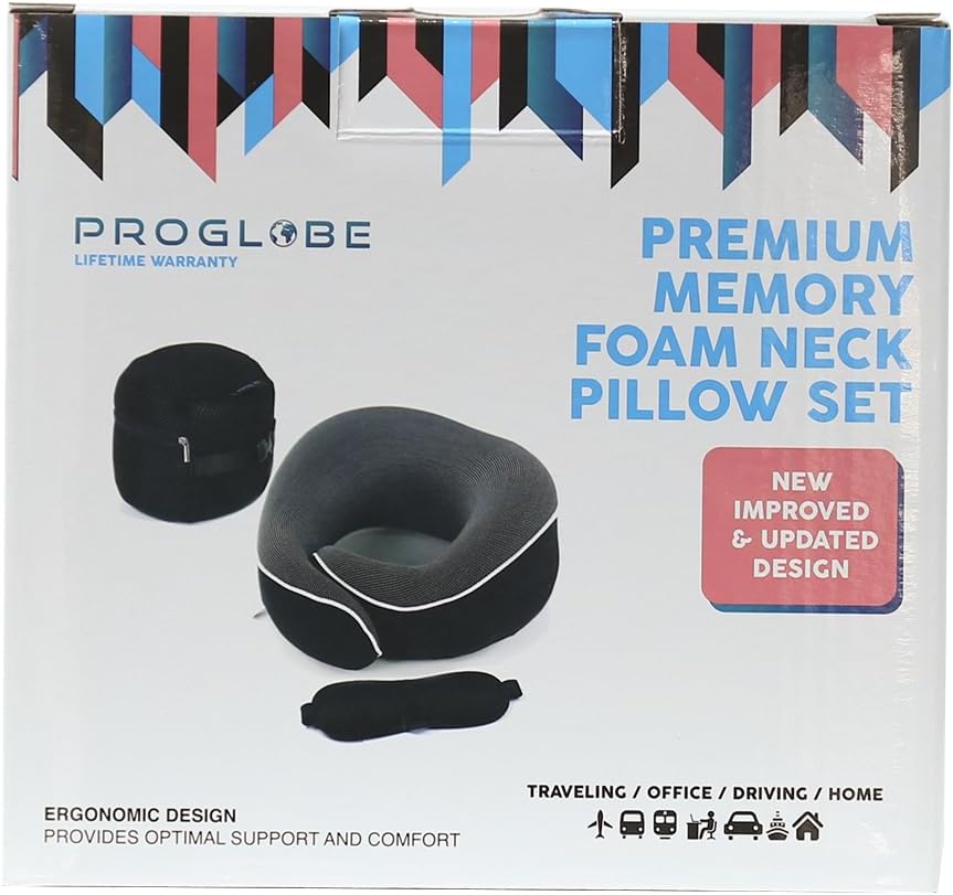 Proglobe Orthopedic Neck Pillow Travel Neck Pillows for Airplanes, Memory Foam Kit, Updated Resting Material, Airplane Travel Set with 3D Contoured Eye Masks, Earplugs, and Luxury Mesh Bag (Black)