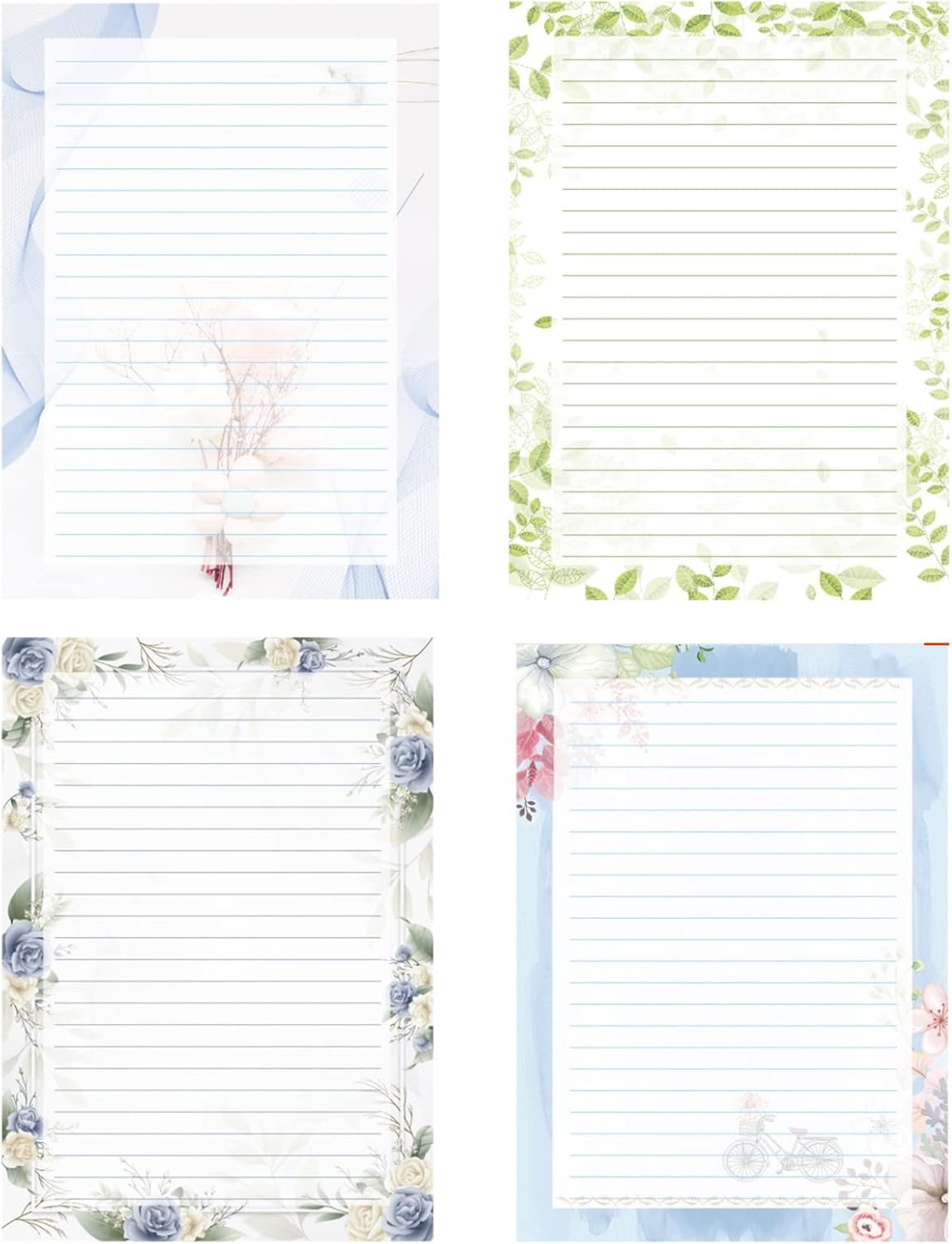 IMagicoo 52 Lined Writing Stationery Paper, Beautiful Designs for Writing Letter, Notes, Invitations, Craft, 4 Different Style (11.7 x 8.26")