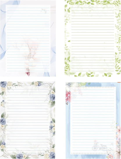 IMagicoo 52 Lined Writing Stationery Paper, Beautiful Designs for Writing Letter, Notes, Invitations, Craft, 4 Different Style (11.7 x 8.26")