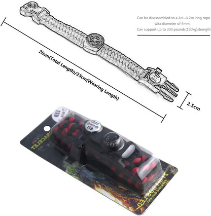 21 in 1 Survival Bracelet, 7 Core Paracord Emergency Sports Wristband Gear Kit Waterproof Compass, SOS LED Light, Thermometer, Rescue Whistle, Fire Starter Multi-Tool Wilderness Adventure Accessories, Nylon