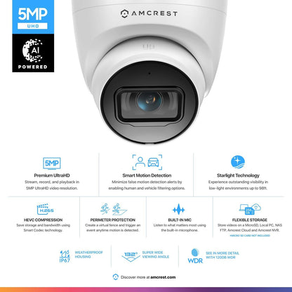 Amcrest 5MP Turret POE Camera, UltraHD Outdoor IP Camera POE with Mic/Audio, 5-Megapixel Security Surveillance Cameras, 98ft NightVision, 2.8mm Lens (103Â° FOV), IP67, MicroSD (256GB), (IP5M-T1179EW)