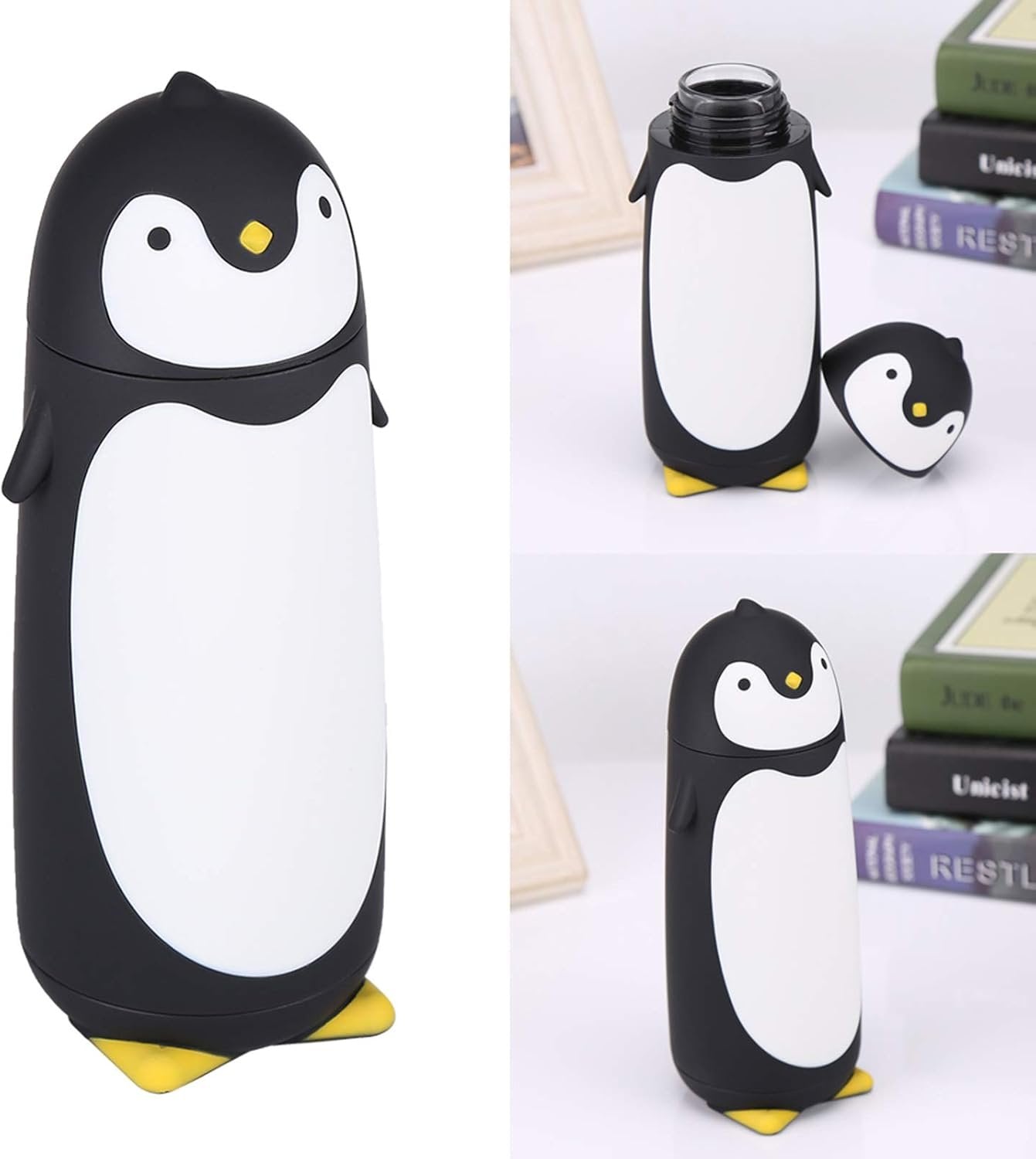 Penguin Shape Water Bottle, 300ML Capacity Portable Cute Cartoon Penguin Thermal Glass Water Bottle Double Layer Mug Travel Drinking Cup Ideal for Home School Travel Use (Black)