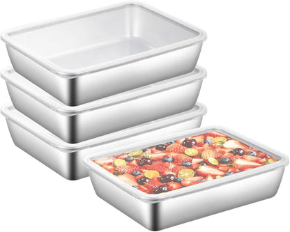 4pack Large Stainless Steel Food Containers Rectangle Food Storage Box Leak Proof Plastic Lid Airtight Meat Storage Container for Fridge,Kitchen Dishwasher Safe