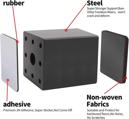 BRUIQIM 2inch Lift Furniture Risers Carbon Steel Bed Risers, Self-Adhesive Bed Riser, Table Riser, Sofa Riser, 4 Pcs Heavy Duty Bed Riser Lifts Adds 2" Height Supports to 5000 LBs (Square, Black)