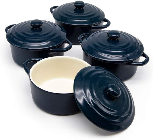 Kook Ceramic Mini Cocotte Set, Small Casserole Dishes with Lids and Handles, Individual Baking Ramekins, Oven, Microwave & Dishwasher Safe, Stoneware, 12 oz, Set of 4, Navy