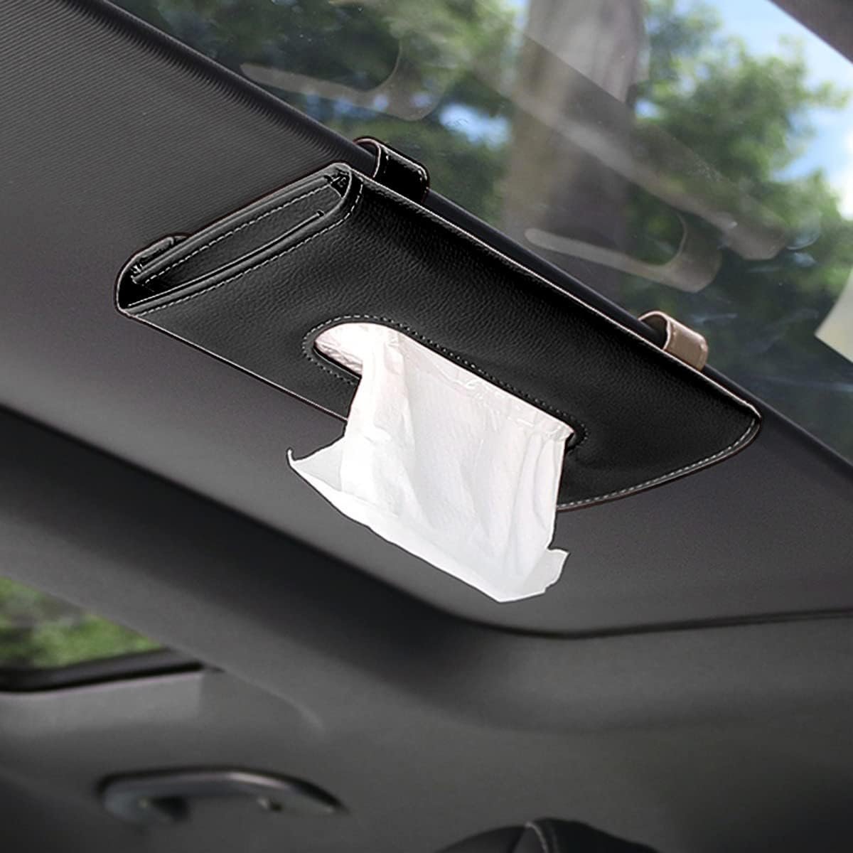 Car Tissue Holder, Sun Visor Napkin Holder, Hanging Paper Towel Case, PU Leather Tissue Box, Universal Auto Leather Visor Tissue Holder for Car Accessories Interior (Black)