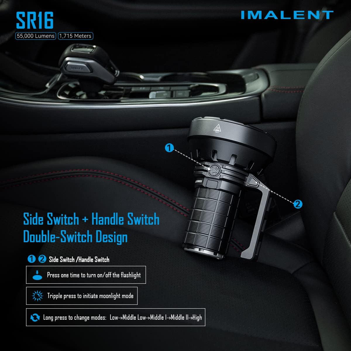 IMALENT SR16 Brightest LED Torch 55000 Lumens, Handheld Tactical Torch with Spotlight Throw 1715 Meters, Rechargeable Flashlight Max 98 Hours Runtime Best for Outdoor, Camping, Hiking, Emergency