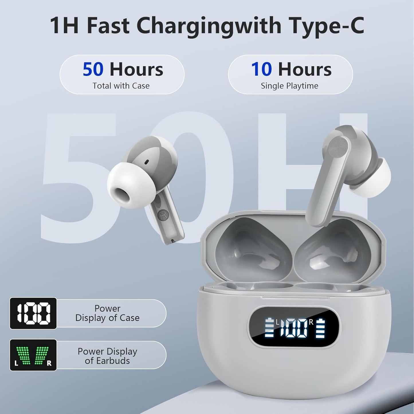 Wireless Earbuds Bluetooth,Headphones Bass Stereo Ear Buds with Noise Cancelling Mic LED Display in Ear Earphones IP5 Waterproof 60H Playtime for Laptop Pad Phones Sports Workout