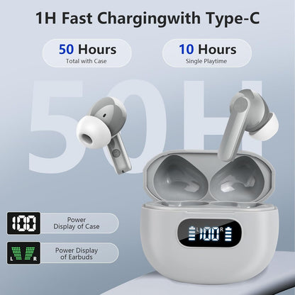 Wireless Earbuds Bluetooth,Headphones Bass Stereo Ear Buds with Noise Cancelling Mic LED Display in Ear Earphones IP5 Waterproof 60H Playtime for Laptop Pad Phones Sports Workout