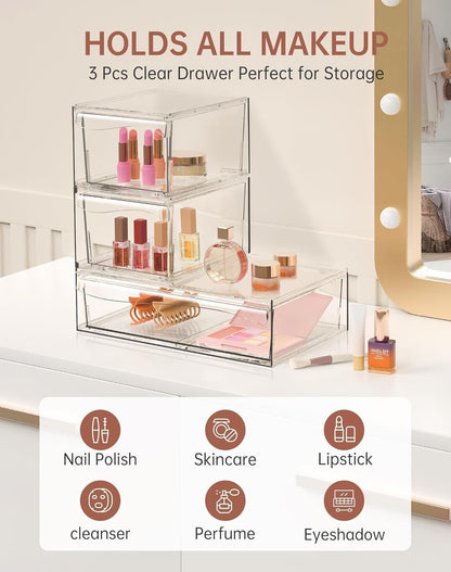 YIEZI 3 Pack Stackable Clear Drawer Organizer Bins Bathroom Organizers, Clear Plastic Storage Bins, Home Storage Organizer to Cosmetics, Makeup, Nail Art, Kitchen Under Sink Organization - Detachable
