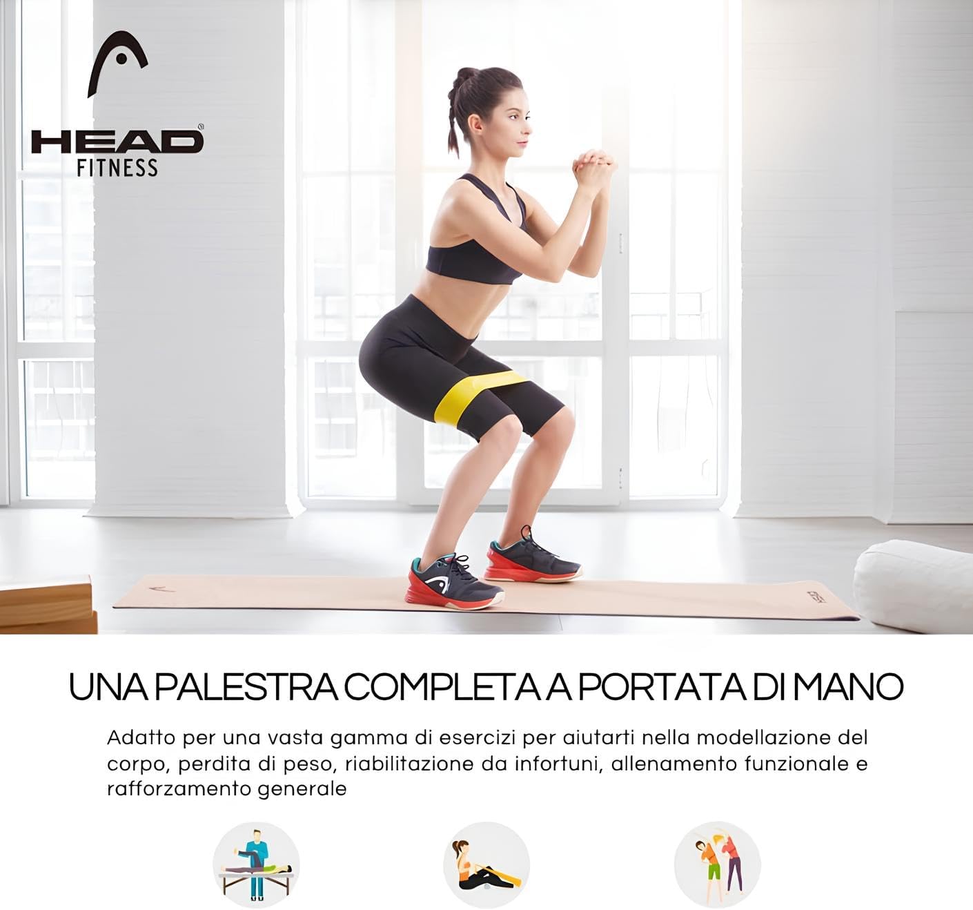 HEAD - Latex Fitness Exercise Bands Kit of 3 Bands and 3 Resistance Levels: 9, 14, 18 kg Usage: Fitness, Strengthening, Warming, Yoga, Pilates, etc. Dimensions: 12 x 3 inches