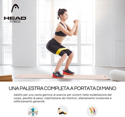 HEAD - Latex Fitness Exercise Bands Kit of 3 Bands and 3 Resistance Levels: 9, 14, 18 kg Usage: Fitness, Strengthening, Warming, Yoga, Pilates, etc. Dimensions: 12 x 3 inches