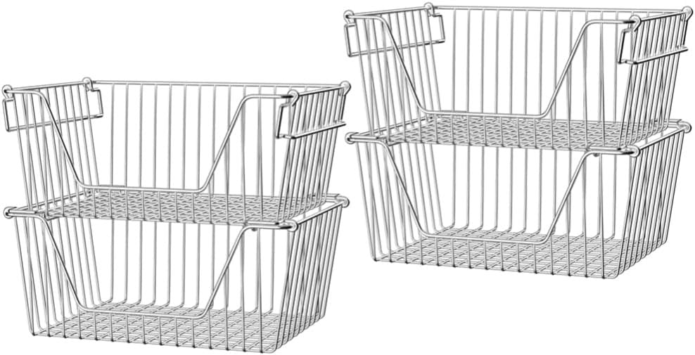 Slideep Large Stackable Storage Baskets Cabinet Organizer Sturdy Metal Wire Pantry Freezer Bin for Pantry Home Bathroom Kitchen Organization 4 Packs