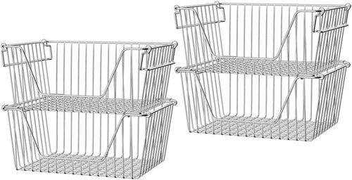 Slideep Large Stackable Storage Baskets Cabinet Organizer Sturdy Metal Wire Pantry Freezer Bin for Pantry Home Bathroom Kitchen Organization 4 Packs