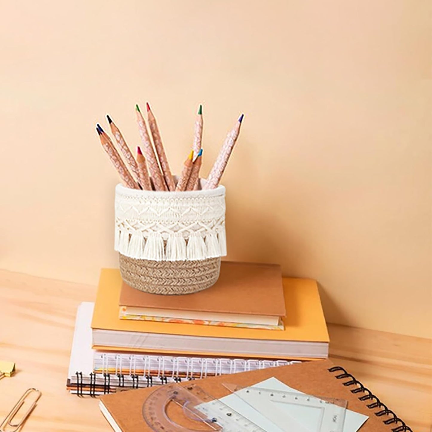 Make Up Brush Holder, Mini Multifunctional Storage Basket, 10 x 10 cm Desk Organizer, Makeup Holder Organizer in Bohemian Style for Brushes, Pens, Pencils and Accessories (White)