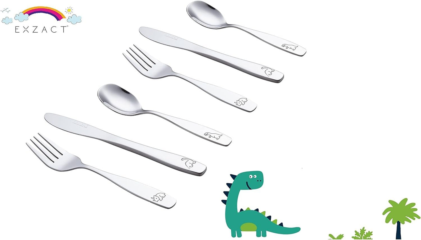 Exzact Children's Cutlery Stainless Steel 6pcs Kids Cutlery Flatware Toddler Utensils - Forks, Knives, Spoons - Dishwash Safe - 2 Years+ - Engraved Dinosaurs