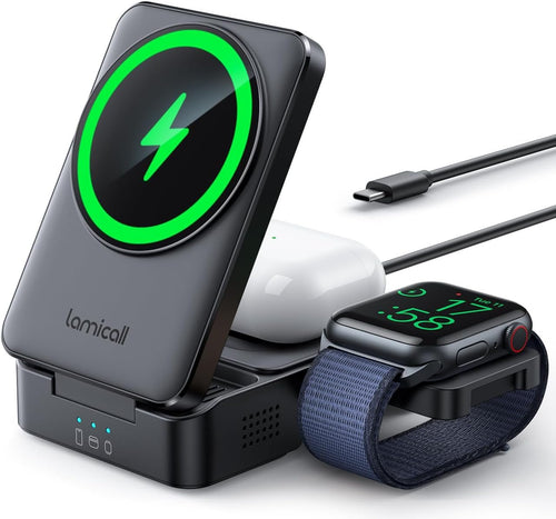 Lamicall 3 in 1 Charging Station for Apple - Foldable Wireless Charger Stand for Mag Safe Portable, Travel Wireless Charger Station for Multiple Devices for iPhone 16, 15, 14, 13, Apple Watch, AirPods