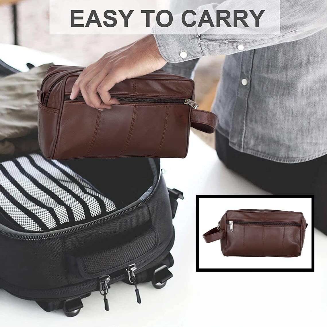 Liberty Leather- Brown Genuine Leather Toiletry Travel Bag for Men and Women, Dopp Kit, Bathroom Organizer Shaving Bag, Cosmetic Bag for Women, Hygiene and Grooming Kit Organizer
