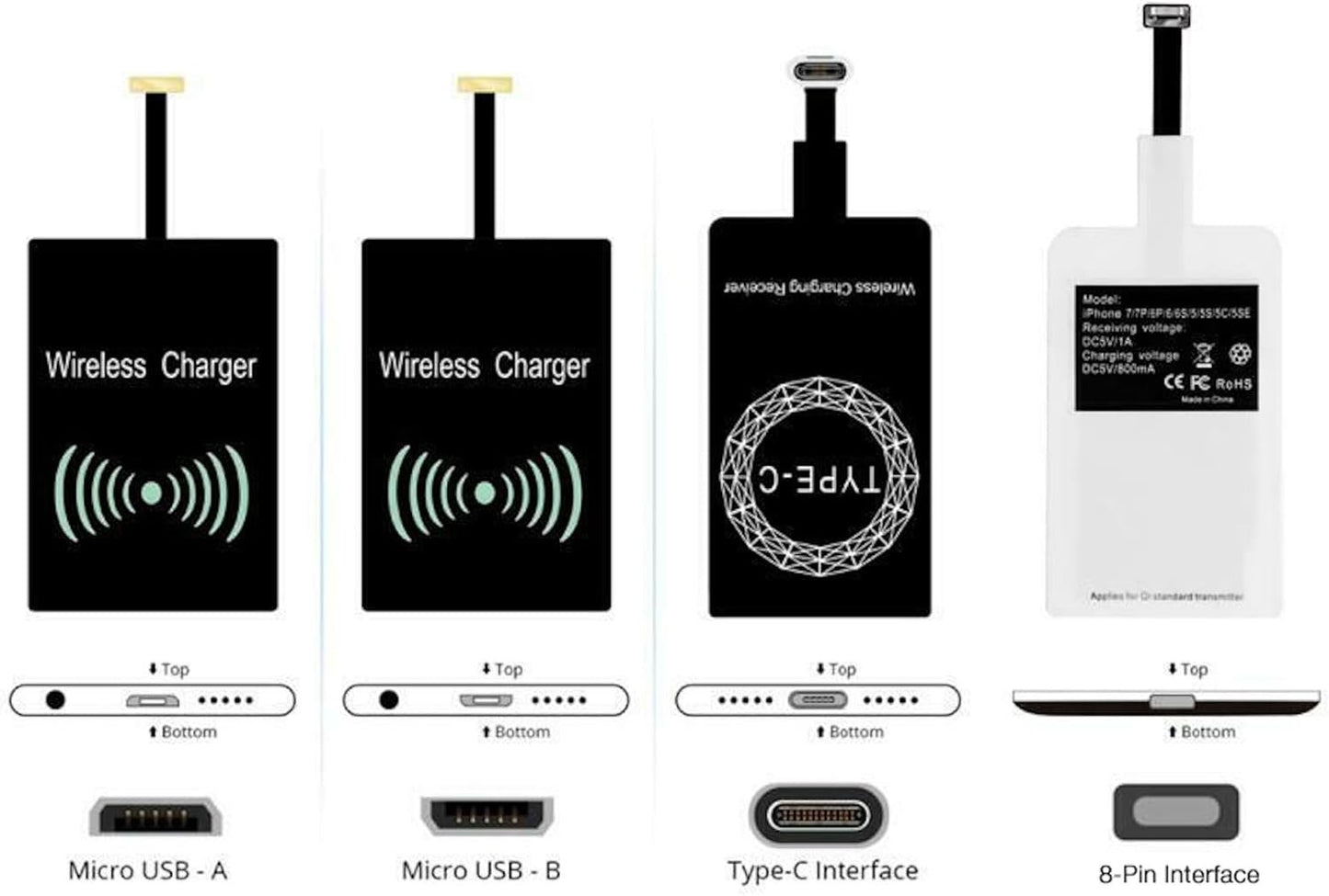 Universal Qi Wireless Charging Receiver for Android Micro USB - Thin Fast Charger Coil Pad - USB Micro USB Adapter for Android Phones