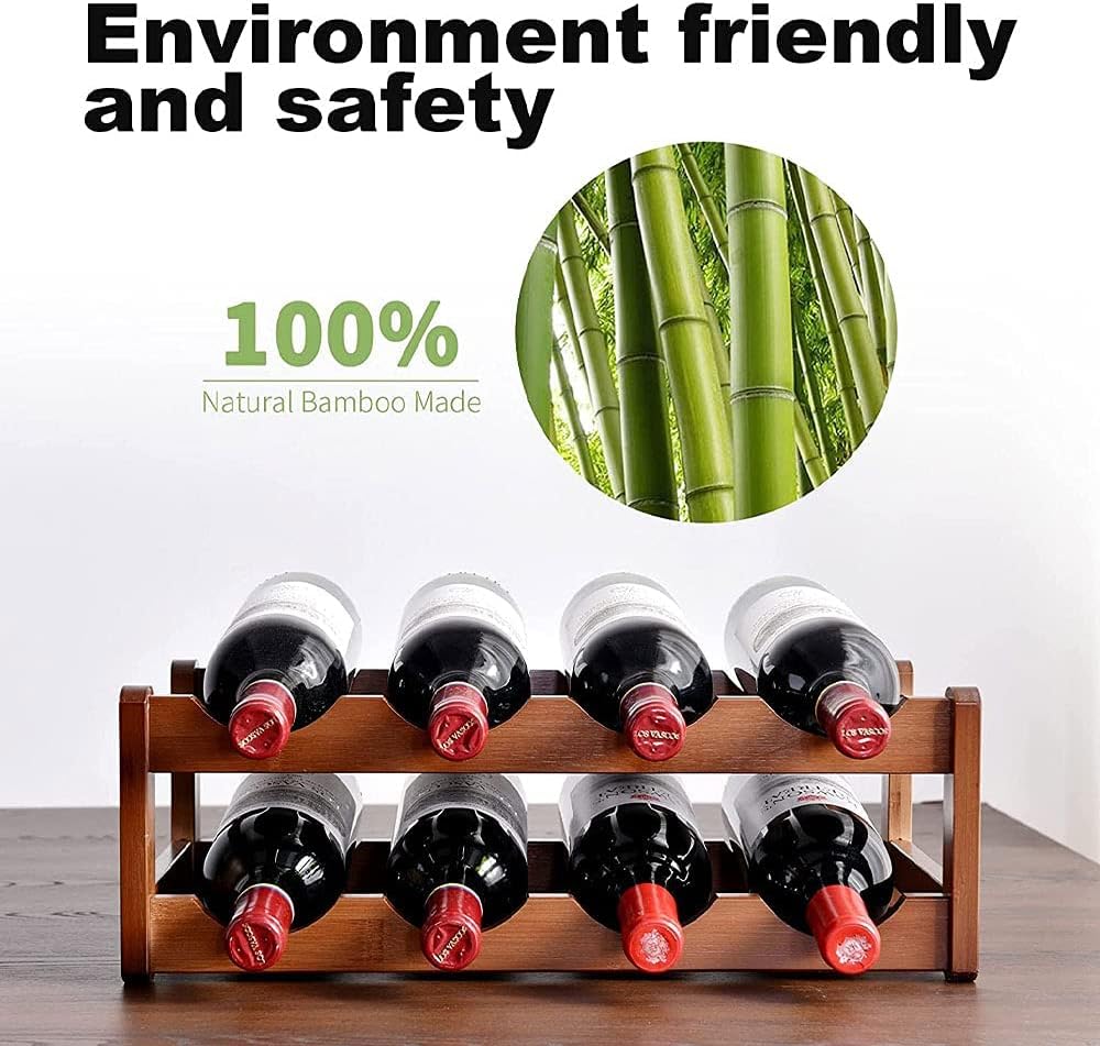 Tabletop Wine Rack Freestanding Bamboo 8 Bottle Storage Shelf Holder Organizer 2 Tier for Refrigerator Countertop Under Cabinet Kitchen Bar Dining Room Brown (2-Tier Brown)