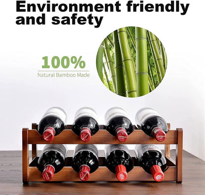 Tabletop Wine Rack Freestanding Bamboo 8 Bottle Storage Shelf Holder Organizer 2 Tier for Refrigerator Countertop Under Cabinet Kitchen Bar Dining Room Brown (2-Tier Brown)