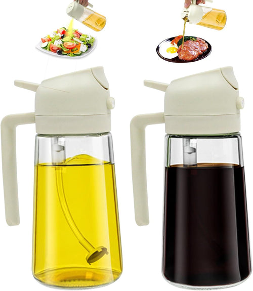 2 Pack Oil Spray Bottle, 2 in 1 Oil Dispenser for Kitchen, 470mL/16.5oz Oil Sprayer for Cooking, Food Grade Glass Olive Oil Bottle with Pourer, Perfect BBQ Kitchen Tools & Gadgets, White