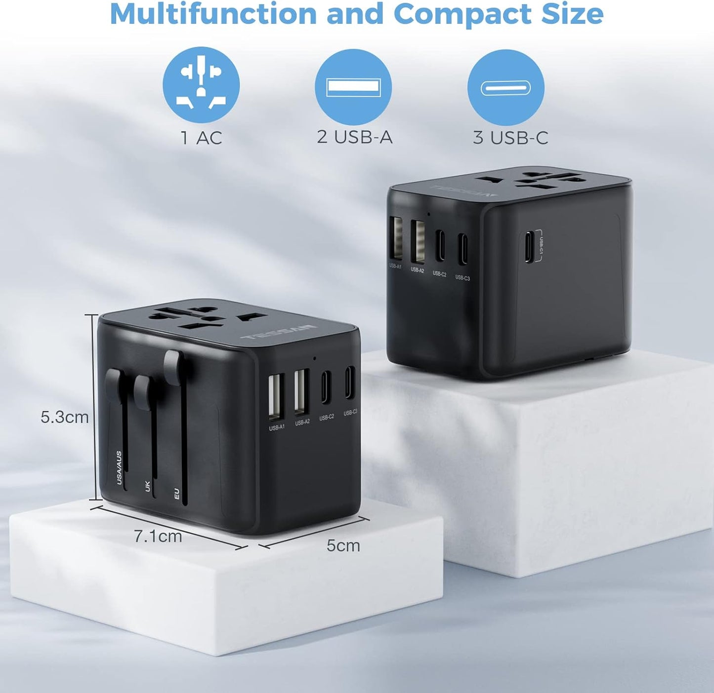 Universal Travel Adapter, TESSAN Universal Travel Socket with 2 USB A and 3 USB C, International Plug Adapter for Italy UK USA Japanese Australia, Black