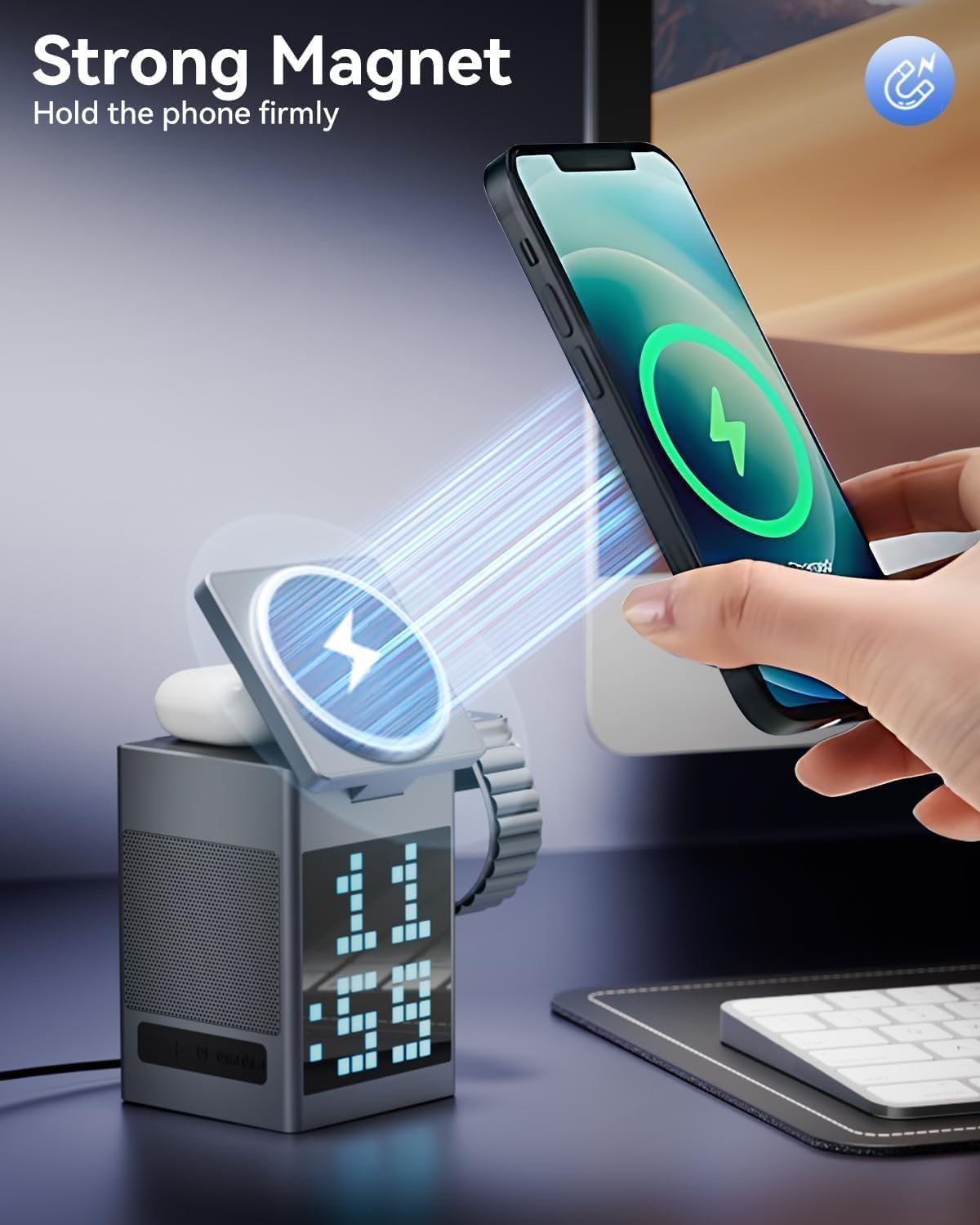 3-in-1 Wireless Charging Station with Bluetooth Speaker and Digital Alarm Clock & Dynamic Pixel Display, Magnetic Charging Station for Fast Charging of Phones, Watch, and Headphones