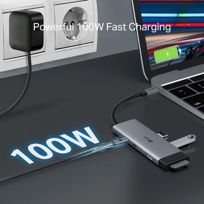 TP-Link 7-Port USB-C Hub (UH7020C): 4K HDMI, 100W PD Charging, 5Gbps Data, Dual SD/microSD Slots, Aluminum Case, Plug & Play for Windows, Mac, iPad, Android, Nintendo.
