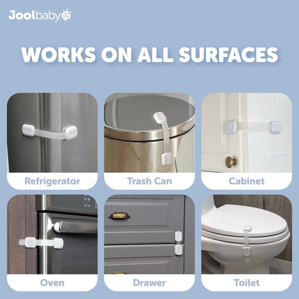 Child Safety Strap Locks (4 Pack) for Fridge, Cabinets, Drawers, Dishwasher, Toilet, 3M Adhesive No Drilling - by Jool Baby