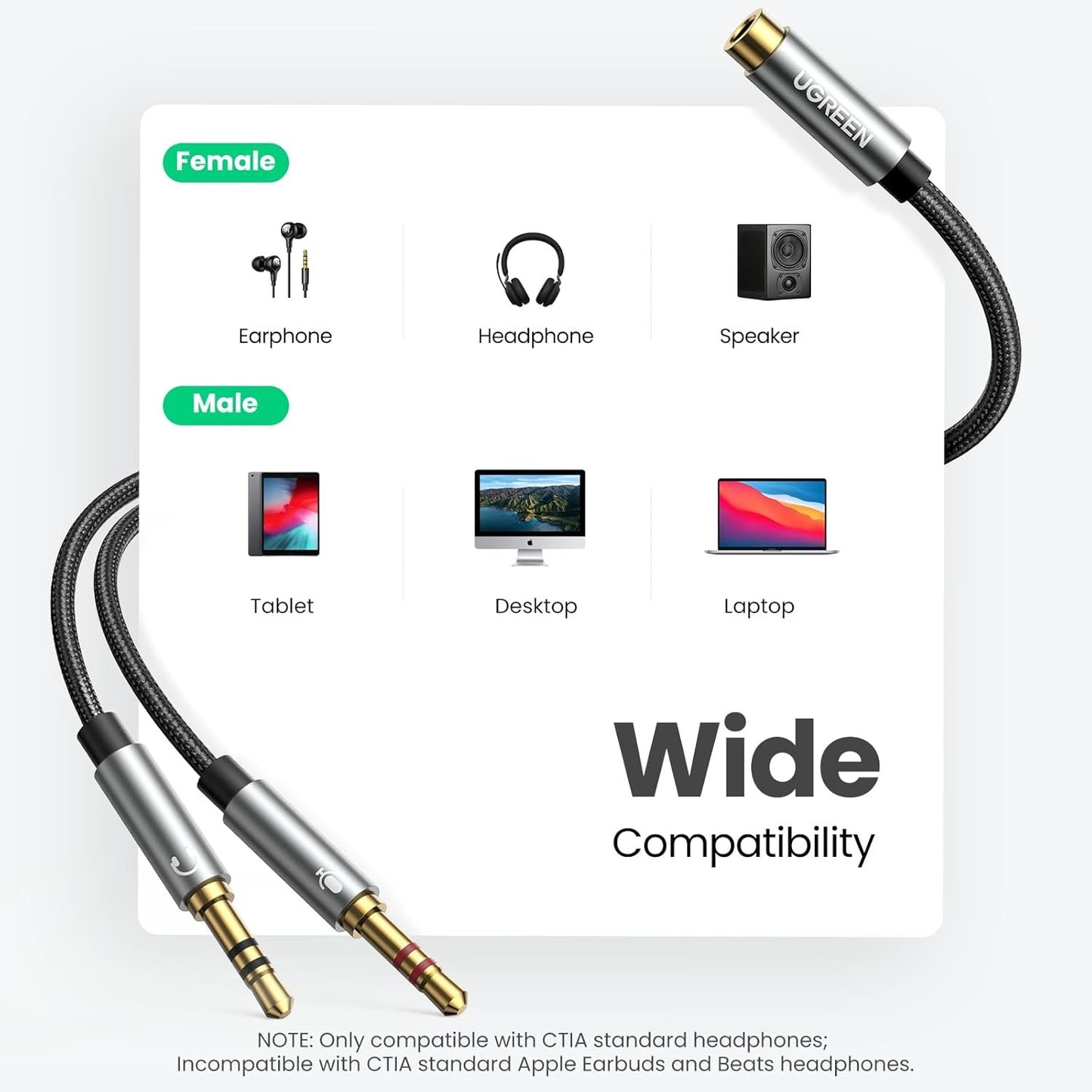 UGREEN Headphone Splitter for Computer Audio Mic Y Splitter 3.5mm Female to 2 Dual Male Adapter Mic Audio Stereo Jack Earphones Port Cord 8 Inch Compatible with PS4 Xbox Gaming Headset PC Laptop Black